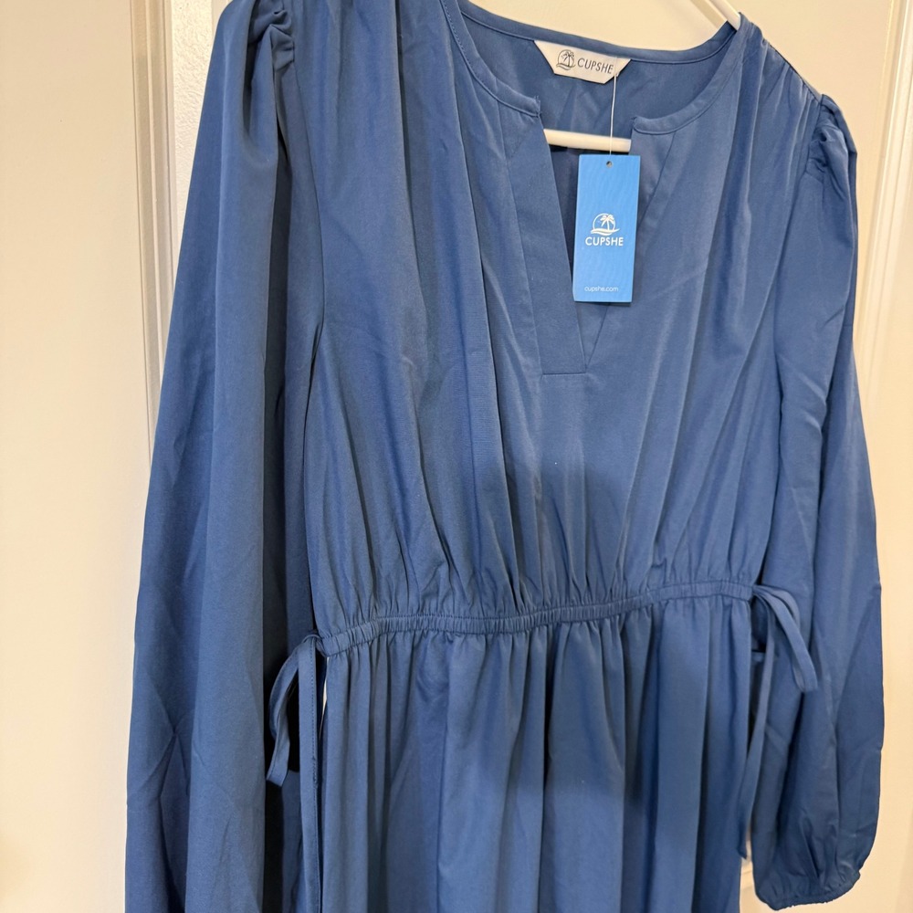 NEW Cupshe Womens S Long Sleeve V-Neck Tiered Midi Dress Blue Ruffle Tie Modest - Picture 13 of 14